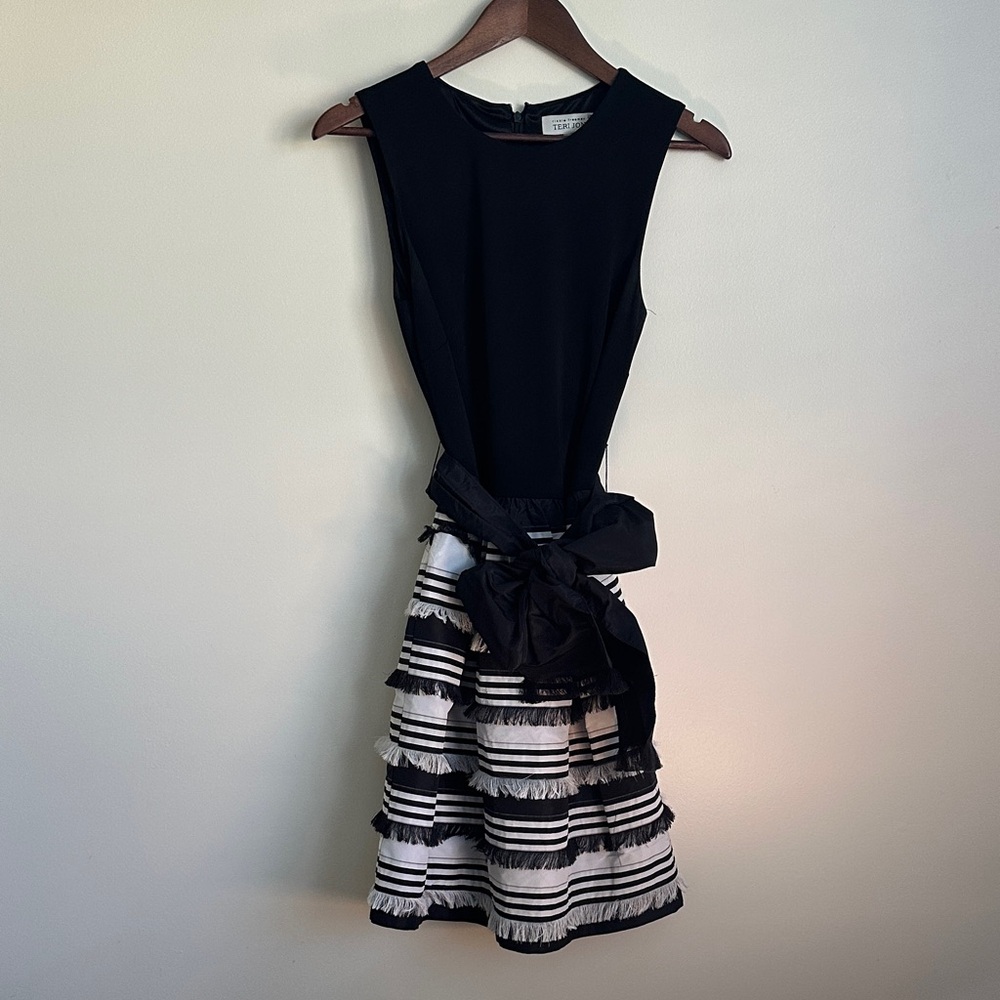 Rickie Freeman for Teri Jon Black and White Sleeveless Dress with Fringe